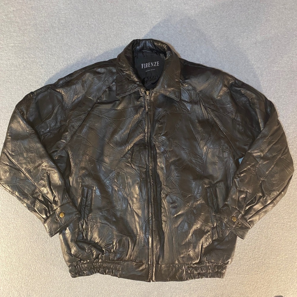 Firenze Mens Black Genuine Leather Bomber Jacket Full Zip XL